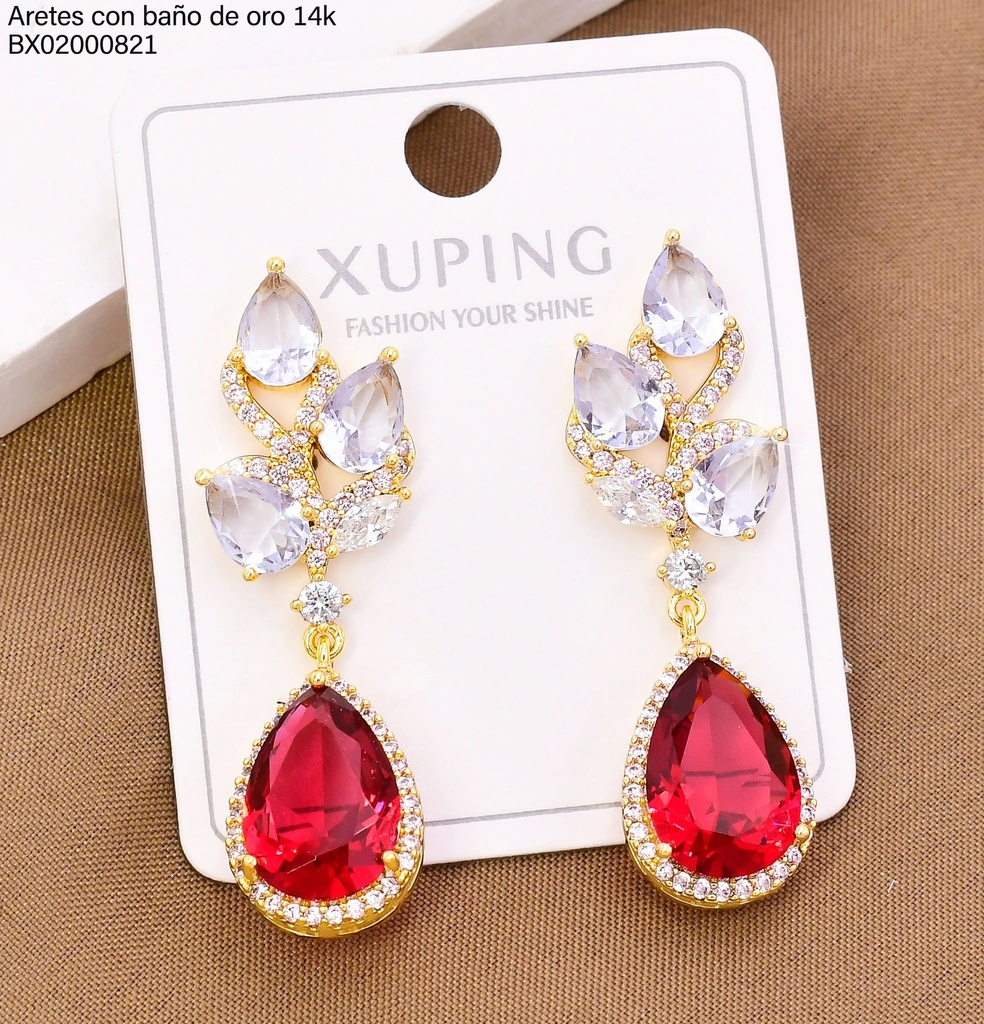 ARETES BAÑO DE ORO 14K. XUPING HOJITAS / GOTA ZIRC FUCSIA 27AGOS(XP)