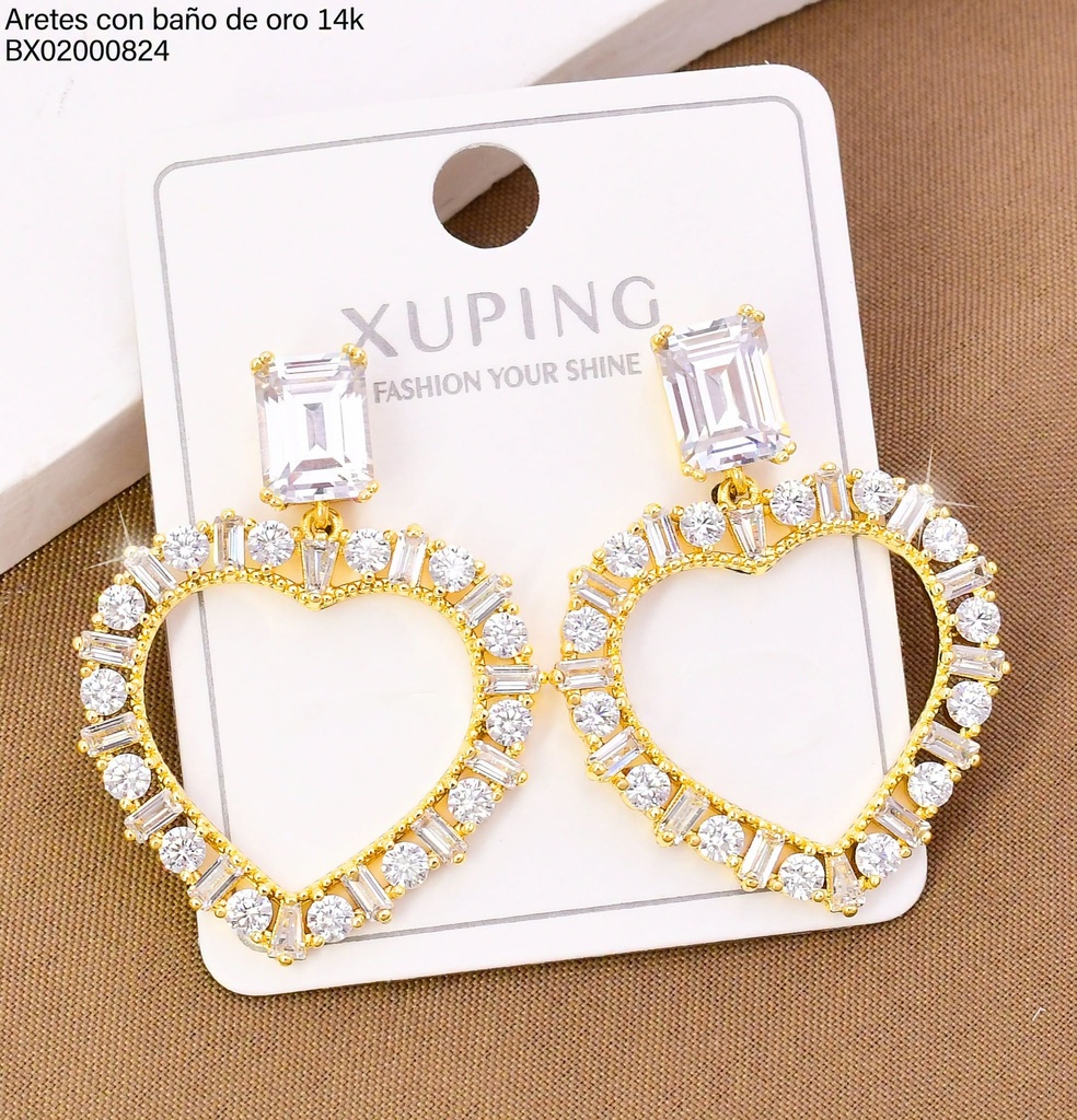ARETES BAÑO DE ORO 14K. XUPING RECT/CROQUI CORAZON ZIRC. 27AGOS(XP)