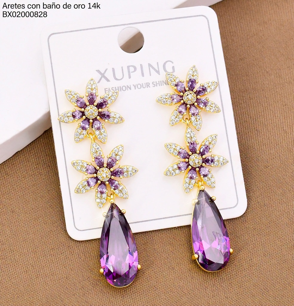 ARETES BAÑO DE ORO 14K. XUPING FLOR ZIRC/GOTA MORADA 27AGOS(XP)