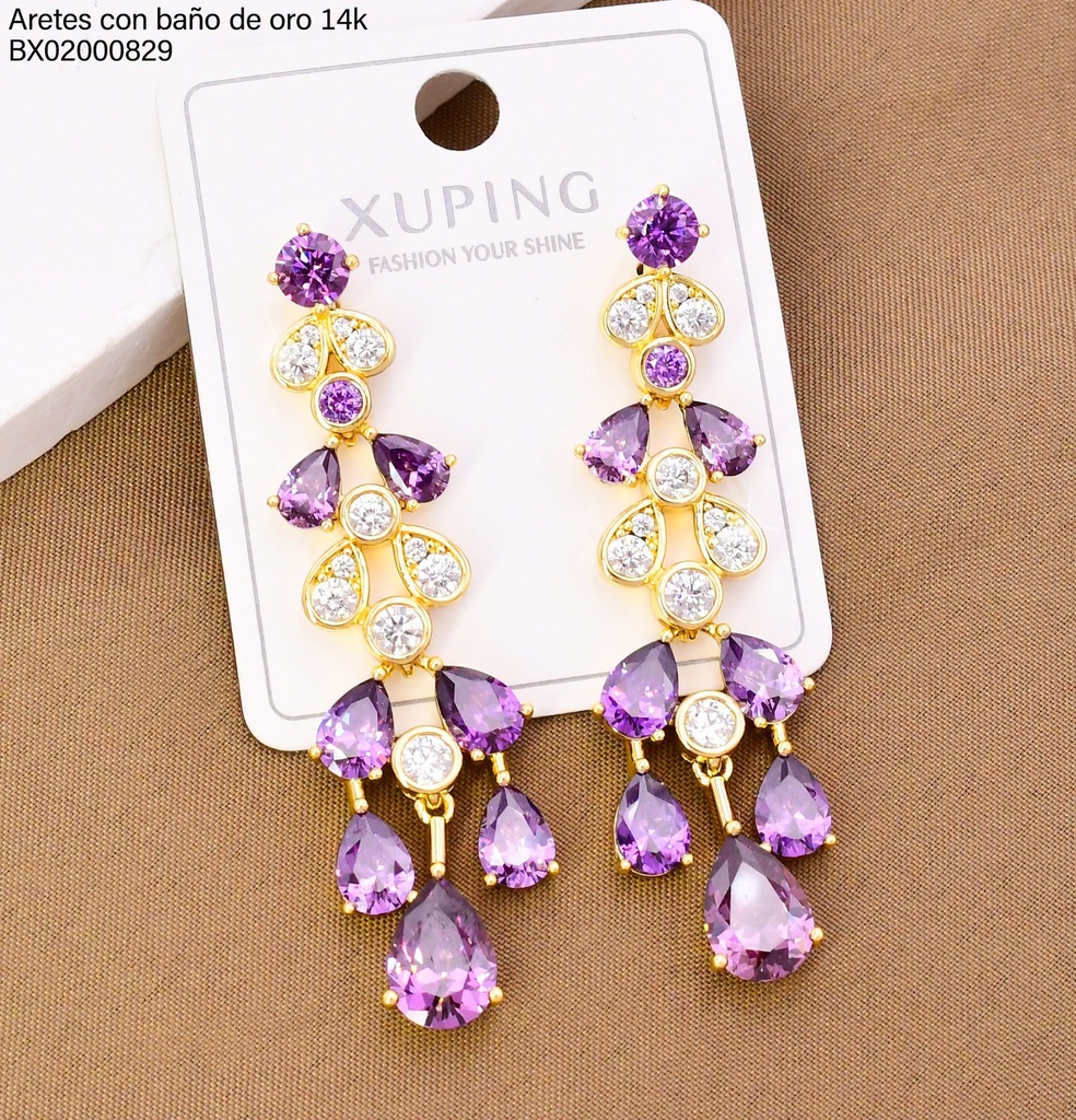 ARETES BAÑO DE ORO 14K. XUPING LARGOS ZIRC GOTAS MORADAS/CRISTAL 27AGOS(XP)