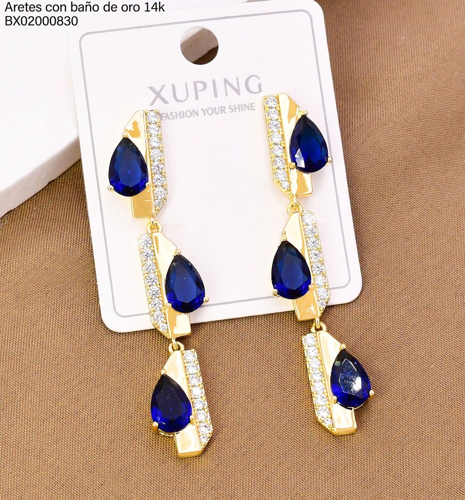 ARETES BAÑO DE ORO 14K. XUPING BARRITAS/ZIRC GOTAS AZULES 27AGOS(XP)