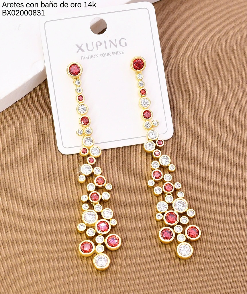 ARETES BAÑO DE ORO 14K. XUPING LARGOS ZIRC RD CRISTAL / ROJAS 27AGOS(XP)