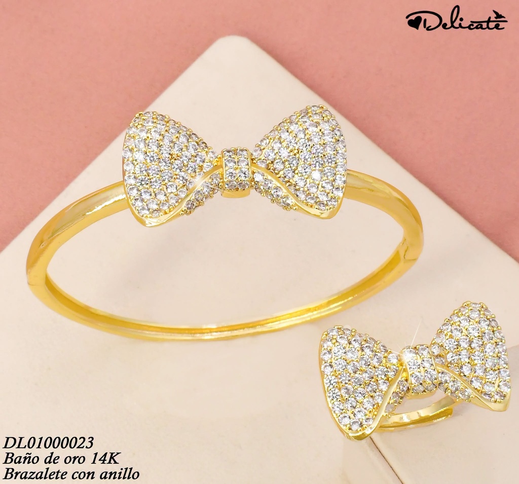 BRAZALETE C/ANILLO AJUST. BAÑO DE ORO 14K.LAZO GR.ZIRC.ZWQ45 (DEL1)