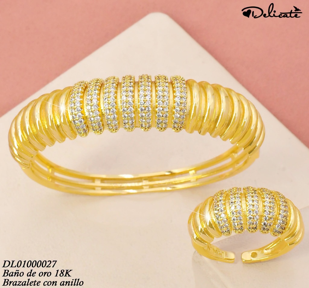 BRAZALETE C/ANILLO AJUST. BAÑO DE ORO 18K. FRANJAS VERT.LISAS-ZIRC..KY1223A (DEL1)