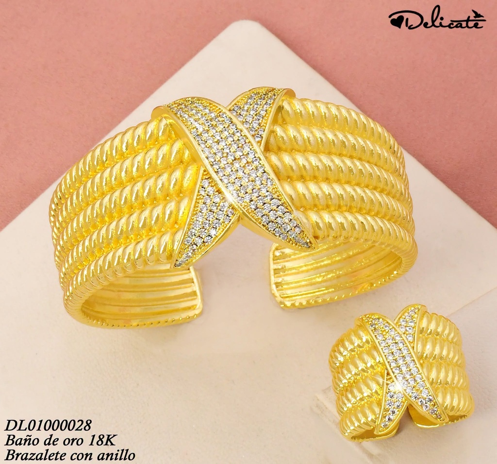 BRAZALETE C/ANILLO AJUST. BAÑO DE ORO 18K. ANCHO "X"ZIRC.GSH474A (DEL1)