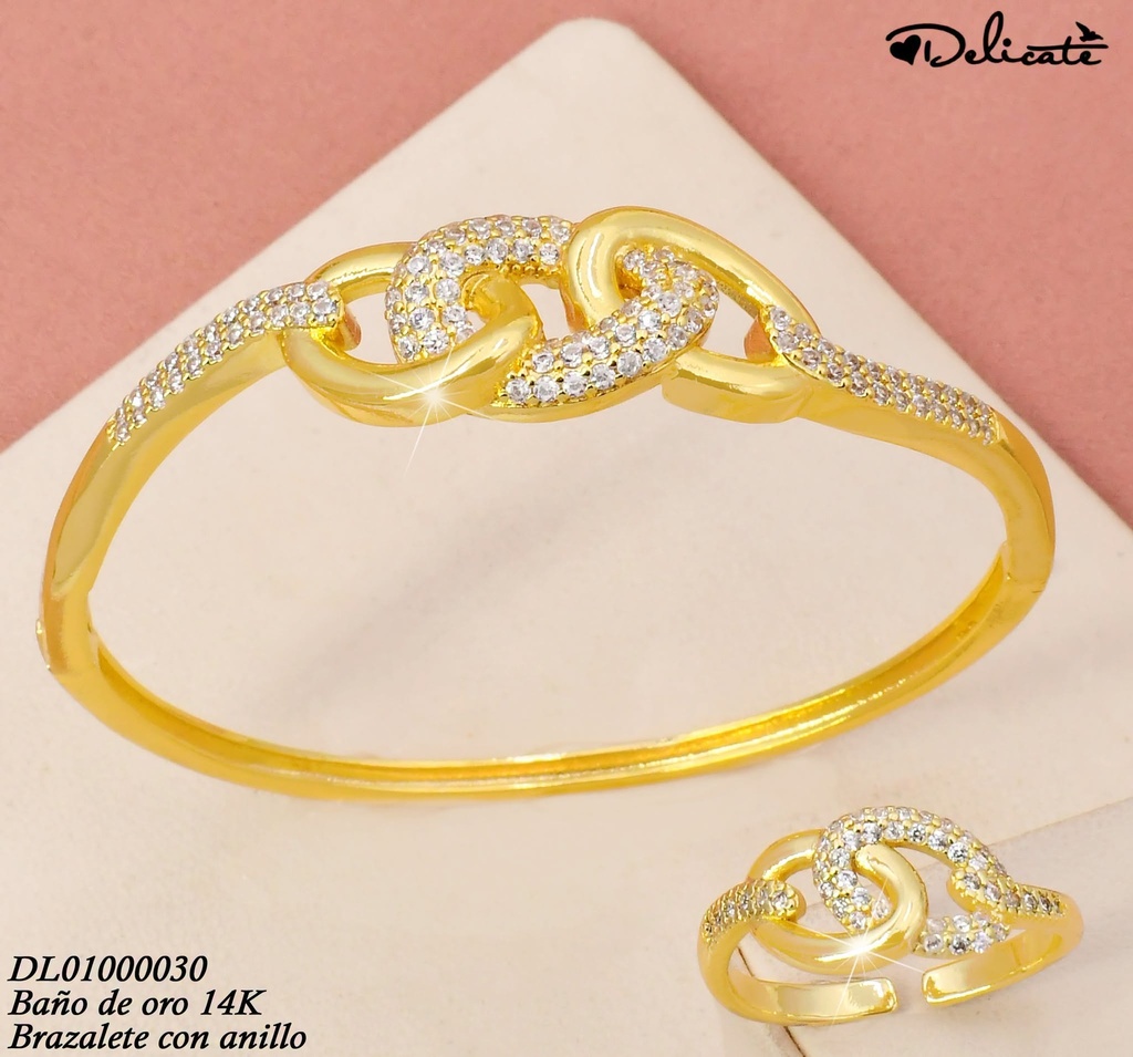 BRAZALETE C/ANILLO AJUST. BAÑO DE ORO 14K. 3 ESLAB.CAD.ZIRC.ZWQ34 (DEL1)