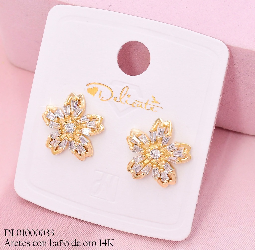 ARETES BAÑO DE ORO 14K. FLOR PETALOS ZIRC.SS996B (DEL1)