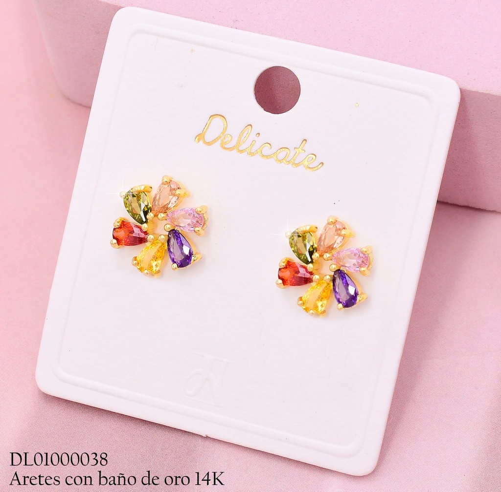 ARETES BAÑO DE ORO 14K. FLOR PETALOS COL.MY93A (DEL1)