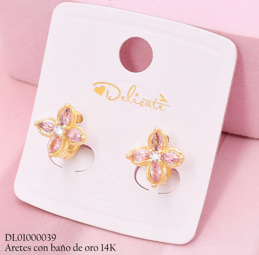 ARETES HUGGIES BAÑO DE ORO 14K. FLOR ZIRC.ROSADAS LHH516C (DEL1)