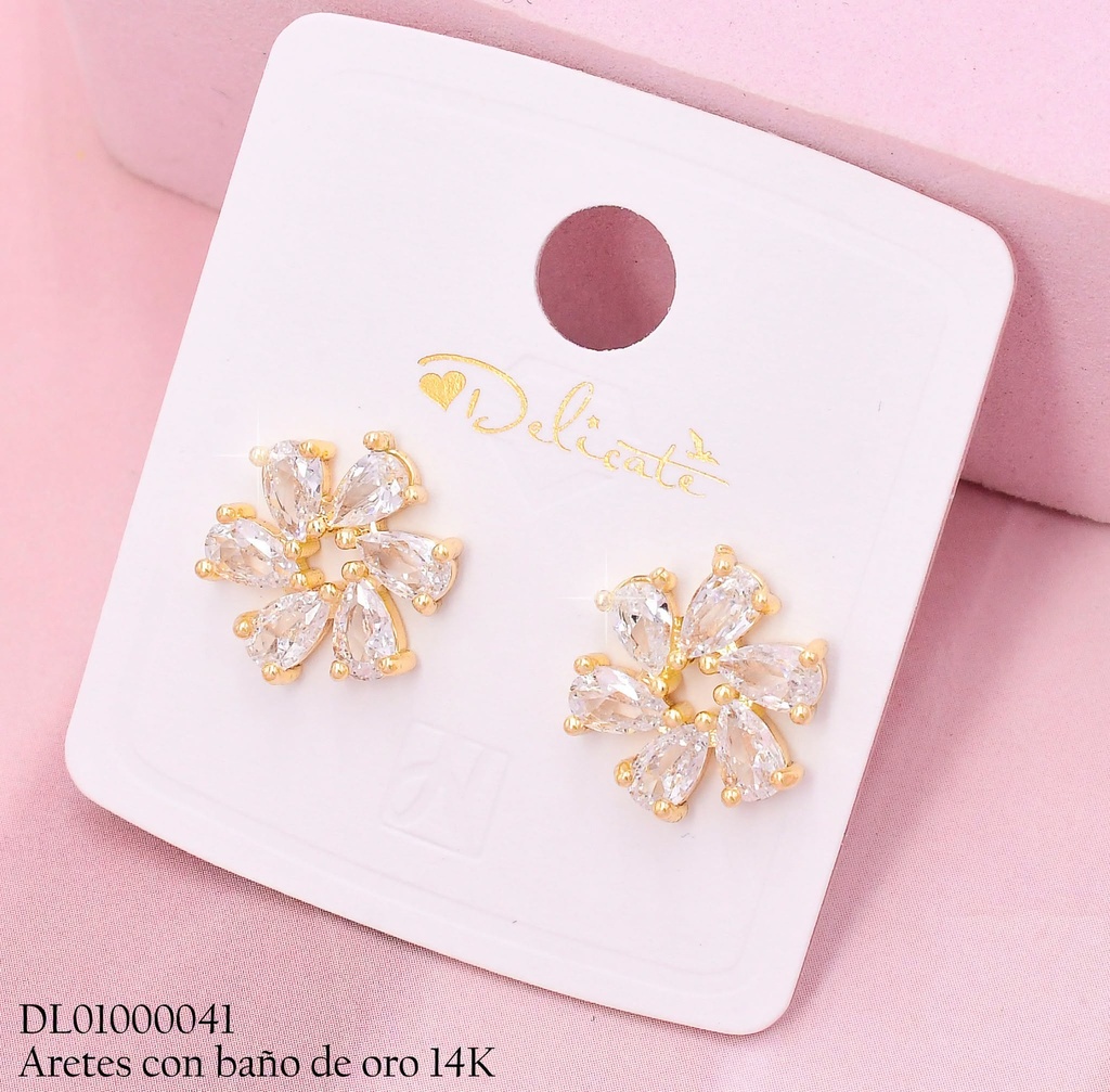 ARETES HUGGIES BAÑO DE ORO 14K. FLOR ESPIRAL ZIRC. MY93B (DEL1)
