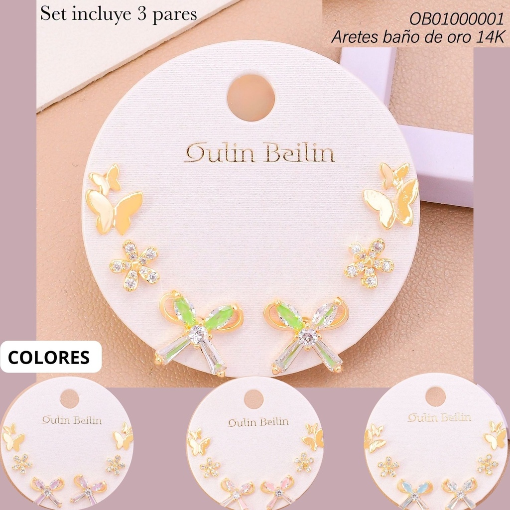 PAQ. PARES ARETES BAÑO DE ORO 14K. MARIPOSA/FLOR/LAZO COL SURT. 91751VZ