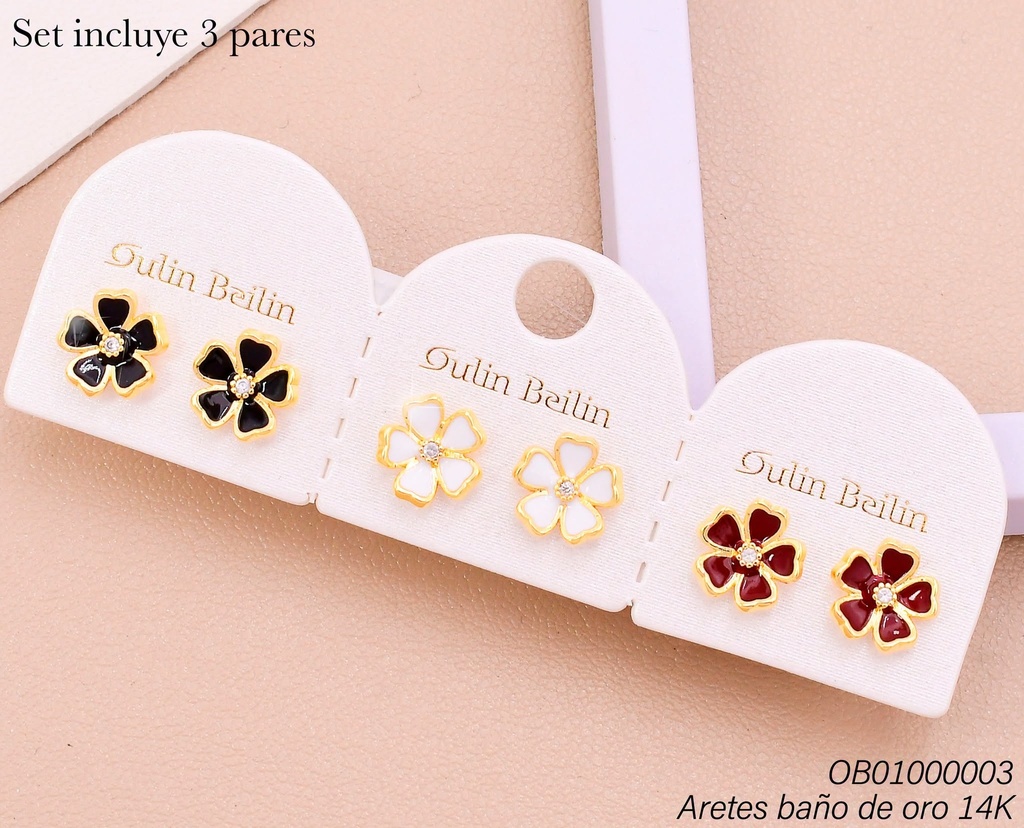 PAQ. 3 PARES ARETES BAÑO DE ORO 14K. FLOR COL. SURT.