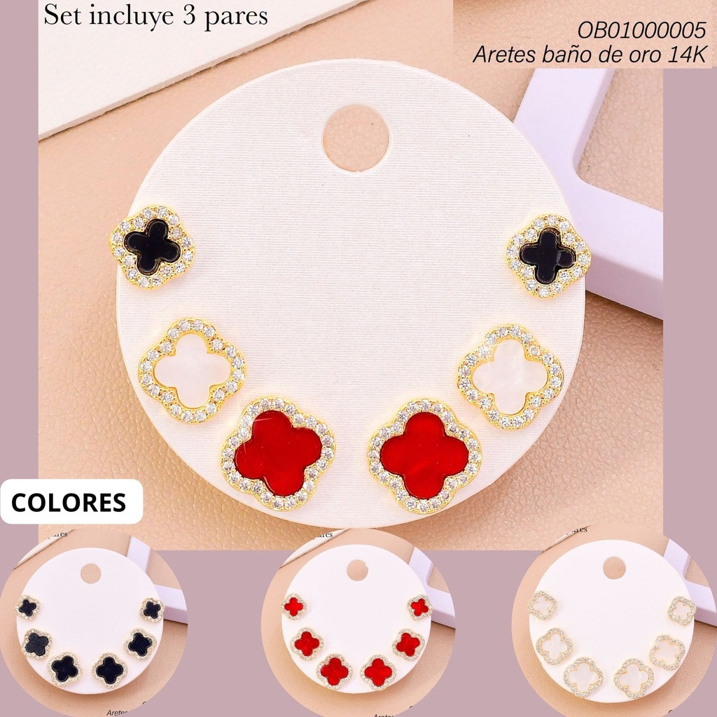 PAQ. 3 PARES ARETES BAÑO DE ORO 14K. VAN CLEEF/ZIRC. COL. SURT.  82412YZ