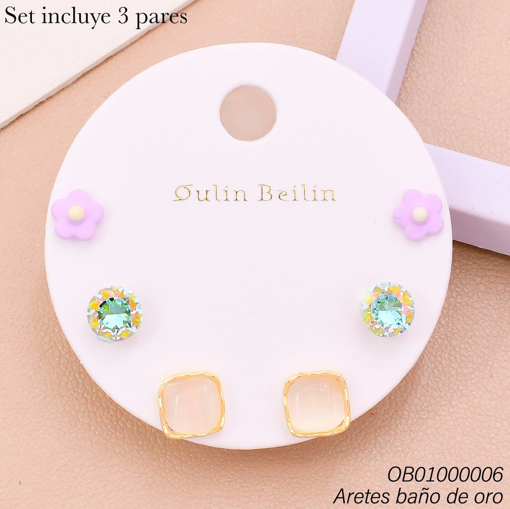 PAQ. 3 PARES ARETES BAÑO DE ORO RD/FLOR/CD. 88212YZ