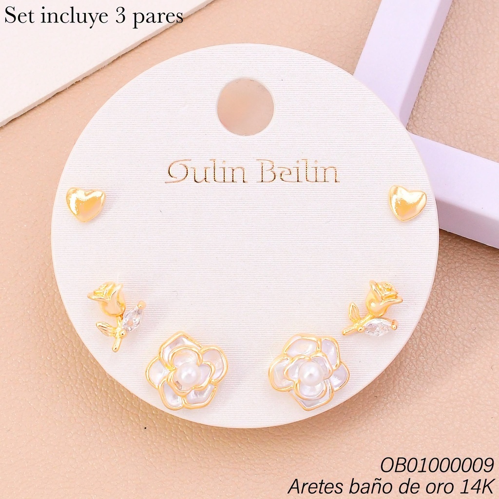 PAQ. 3 PARES ARETES BAÑO DE ORO 14K. CORAZON/ROSA/FLOR 92395YZ