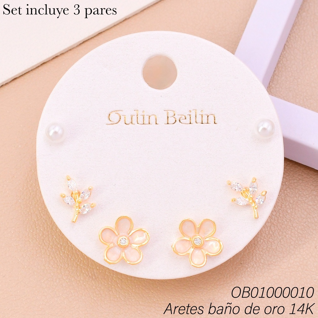 PAQ. 3 PARES ARETES BAÑO DE ORO 14K. PERLAS/RAMITA/FLOR 91750YZ