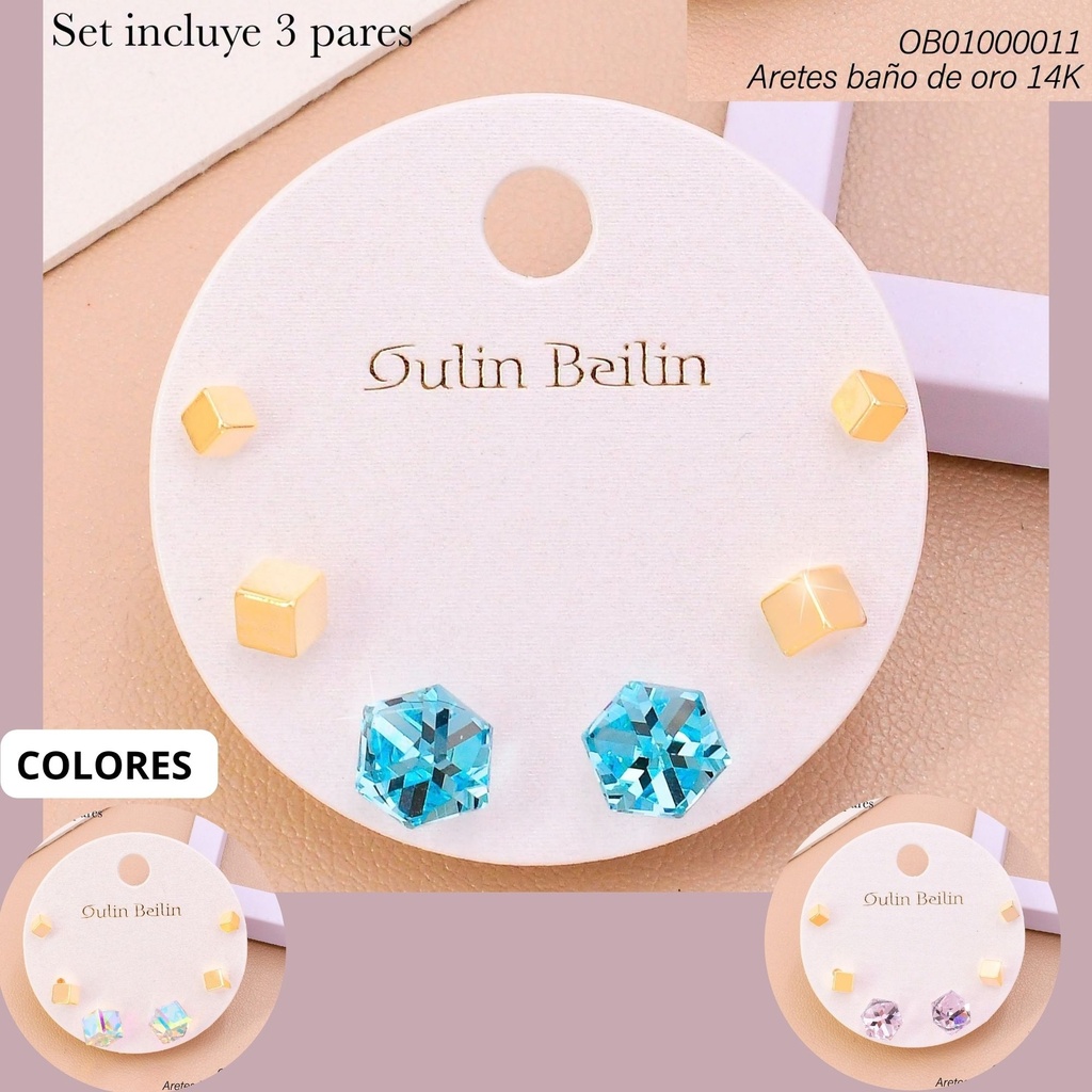 PAQ. 3 PARES ARETES BAÑO DE ORO 14K. CD 90527YZ