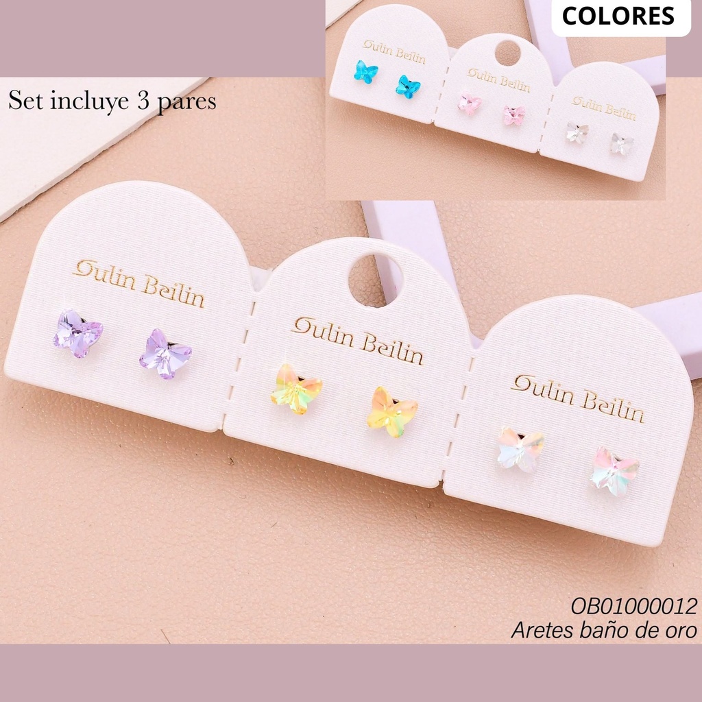 PAQ. 3 PARES ARETES BAÑO DE ORO MARIPOSAS 91469YZ