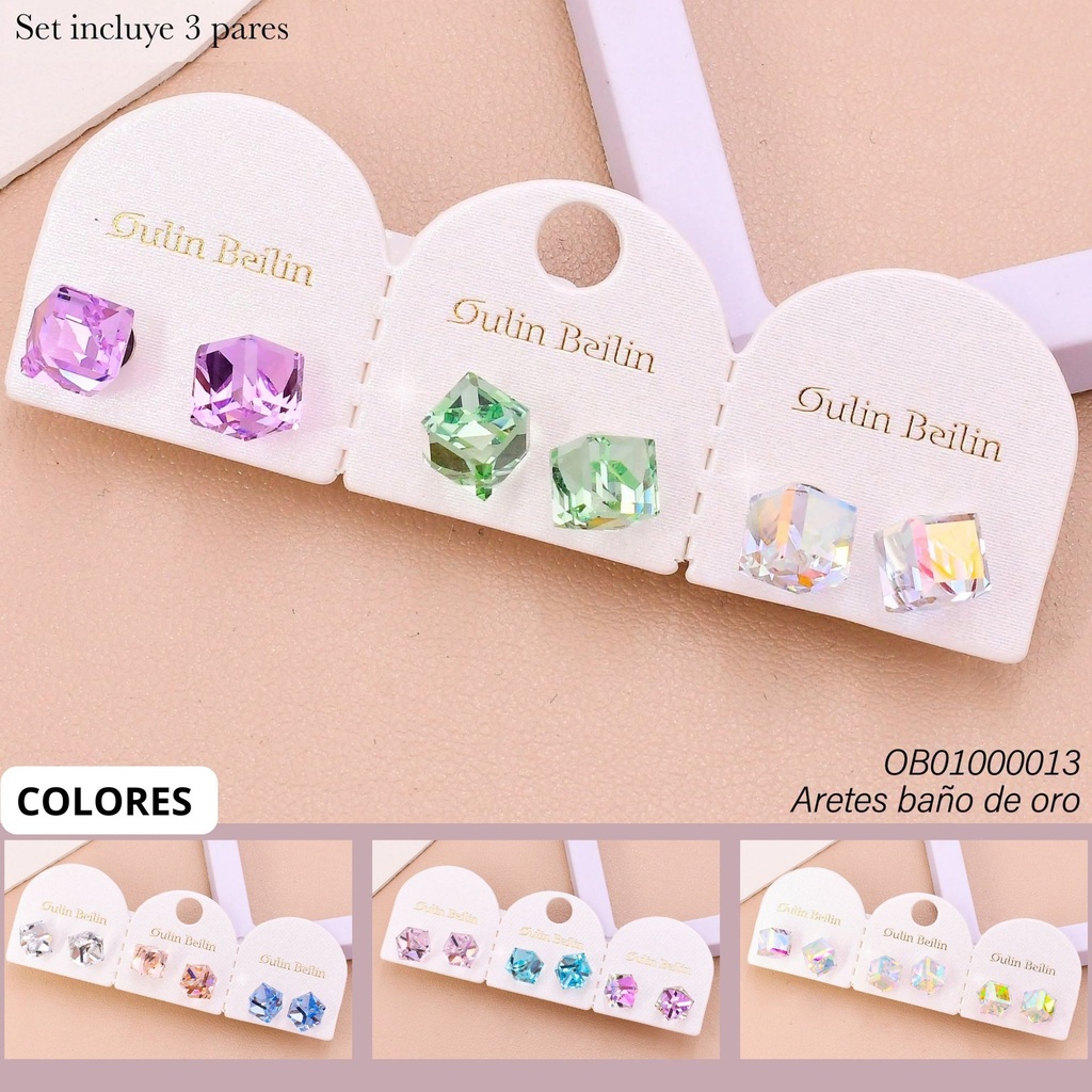 PAQ. 3 PARES ARETES BAÑO DE ORO CD ZIRC COL SURT 87674YZ