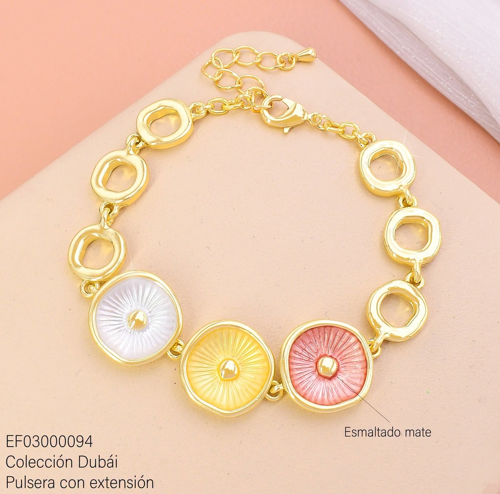 PULSERA ESLABONES  CIRCULOS C/RD ROSA-DOR-PLAT CENTRO FD27356
