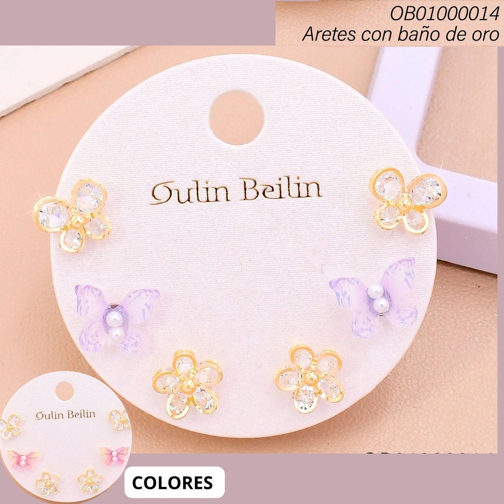 PAQ. 3 PARES ARETES BAÑO DE ORO MARIPOSAS/FLOR 91843YZ