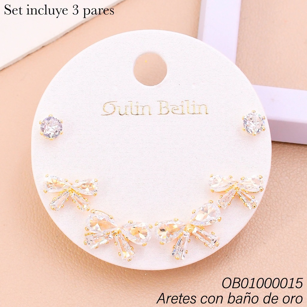 PAQ. 3 PARES ARETES BAÑO DE ORO ZIRC.LAZOS-RD 84005YZ