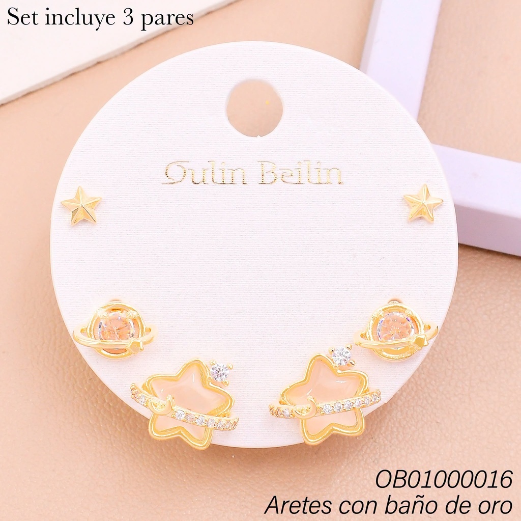 PAQ. 3 PARES ARETES BAÑO DE ORO ESTRELLA-PLANETAS 88276