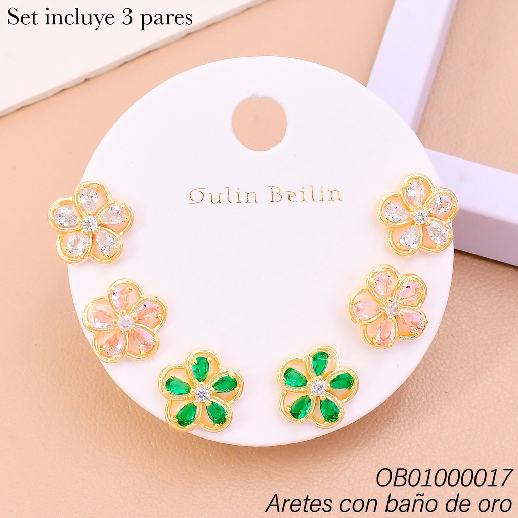 PAQ. 3 PARES ARETES BAÑO DE ORO FLORES ZIRC.COL 88421YZ