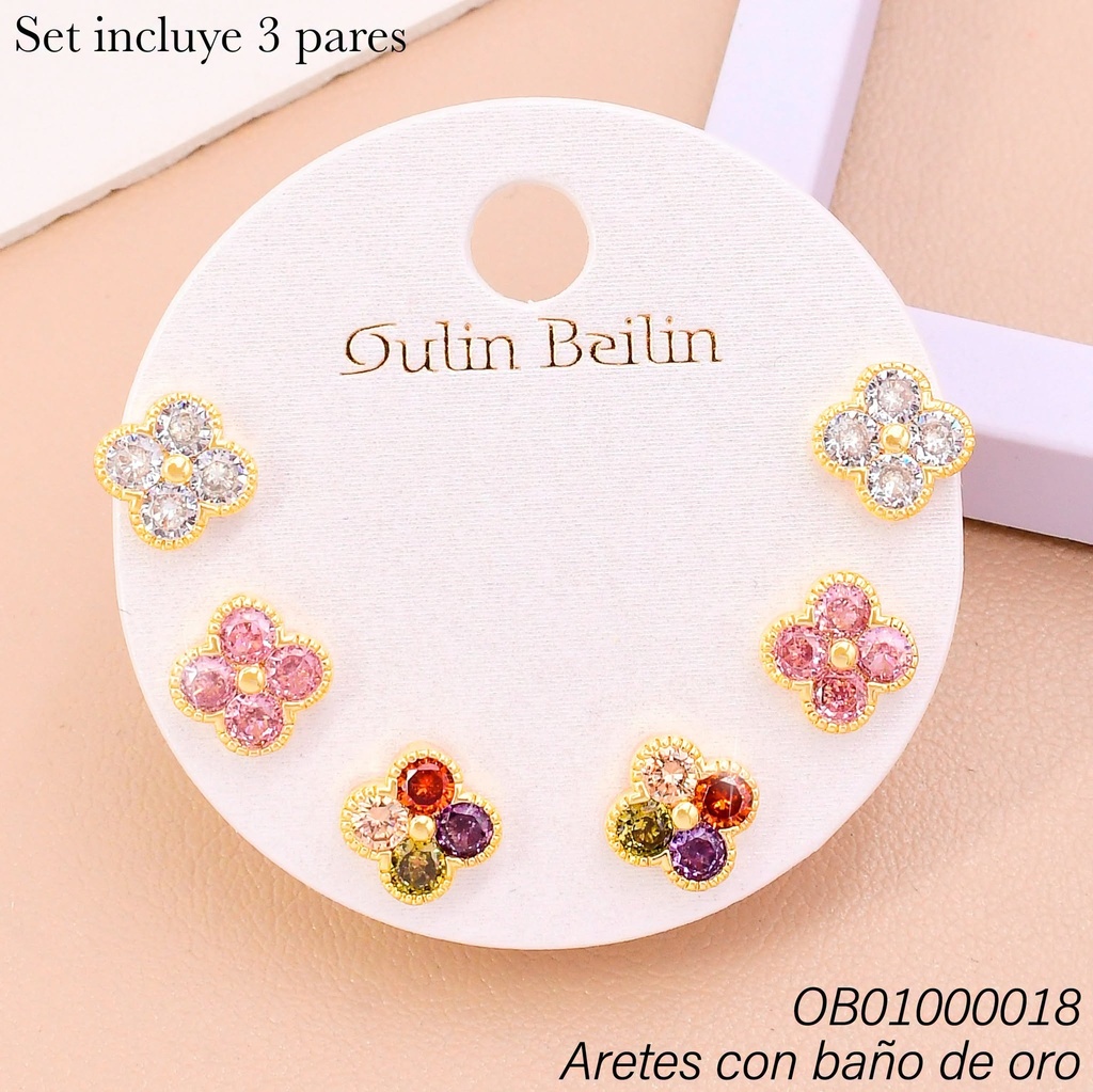 PAQ. 3 PARES ARETES BAÑO DE ORO VAN CLEEF ZIRC.COL 89454YZ