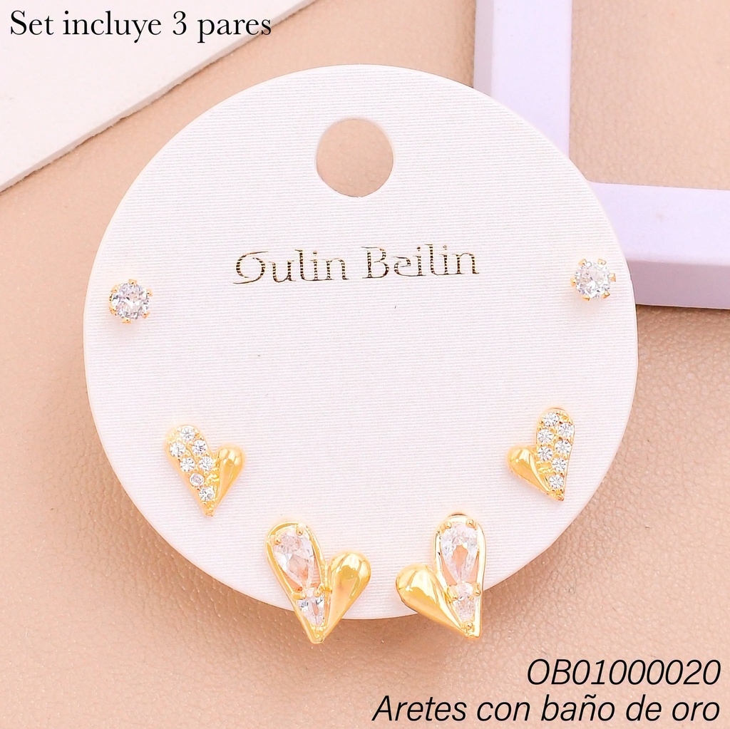 PAQ. 3 PARES ARETES BAÑO DE ORO ZIRC.RD.-CORAZONES 90111YZ