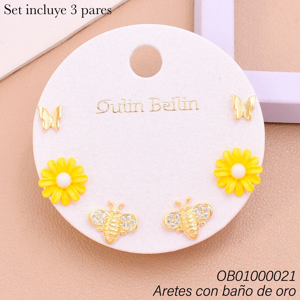 PAQ. 3 PARES ARETES BAÑO DE ORO MARIPOSA-FLOR-ABEJITA 91803YZ