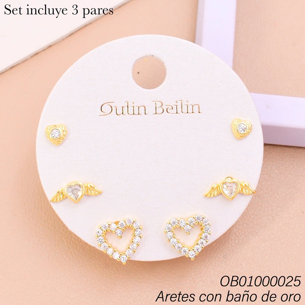 PAQ. 3 PARES ARETES BAÑO DE ORO CORAZONES 91202YZ