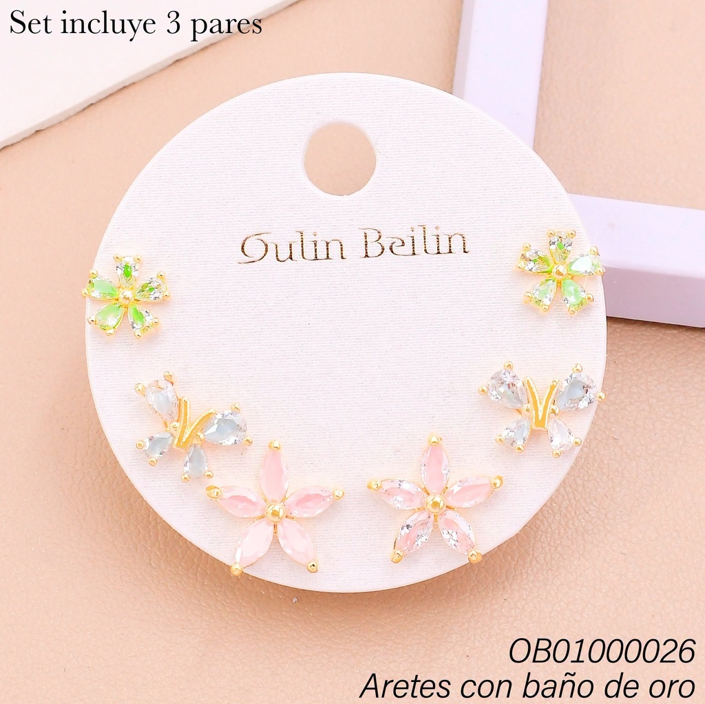 PAQ. 3 PARES ARETES BAÑO DE ORO FLORES-MARIPOSA 91204YZ