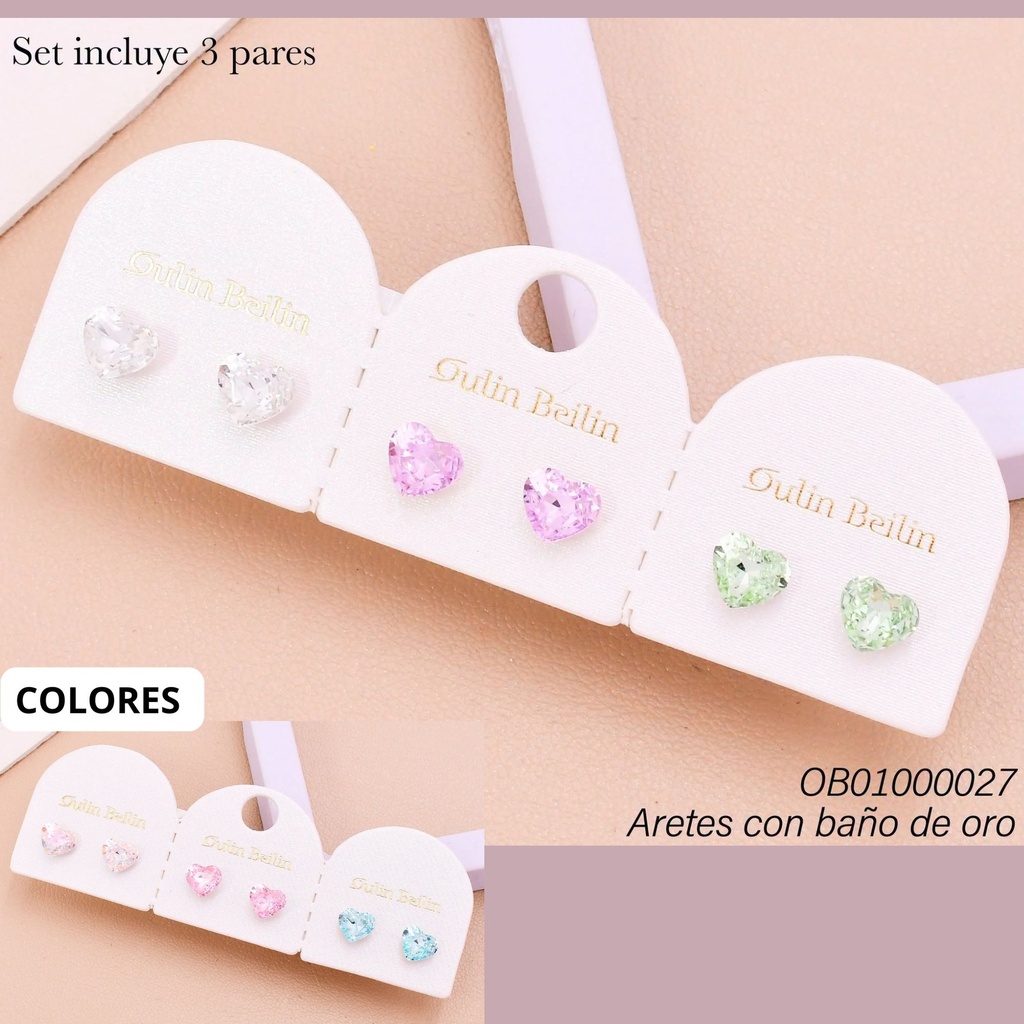 PAQ. 3 PARES ARETES BAÑO DE ORO CORAZONES ZIRC.COL 91467YZ
