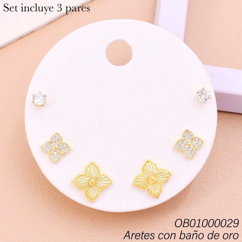 PAQ. 3 PARES ARETES BAÑO DE ORO ZIRC.RD-FLORES 90115YZ