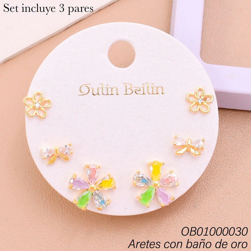 PAQ. 3 PARES ARETES BAÑO DE ORO ZIRC.FLORES-LAZO 91752YZ