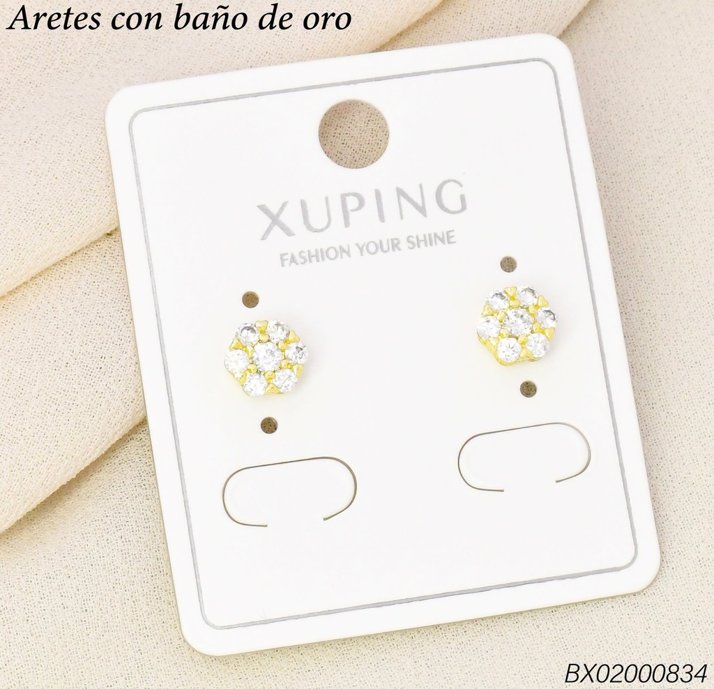 ARETES BAÑO DE ORO 14K.XUPING FLOR PQ. ZIRCONIAS. (XAG)