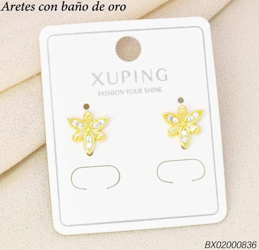 ARETES BAÑO DE ORO 14K.XUPING FLOR 3 PETALOS ZIRC.(XAG)