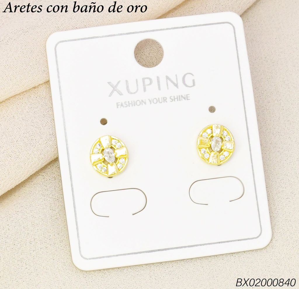 ARETES BAÑO DE ORO 14K.XUPING RD.CRUZ CENTRO ZIRC.(XAG)