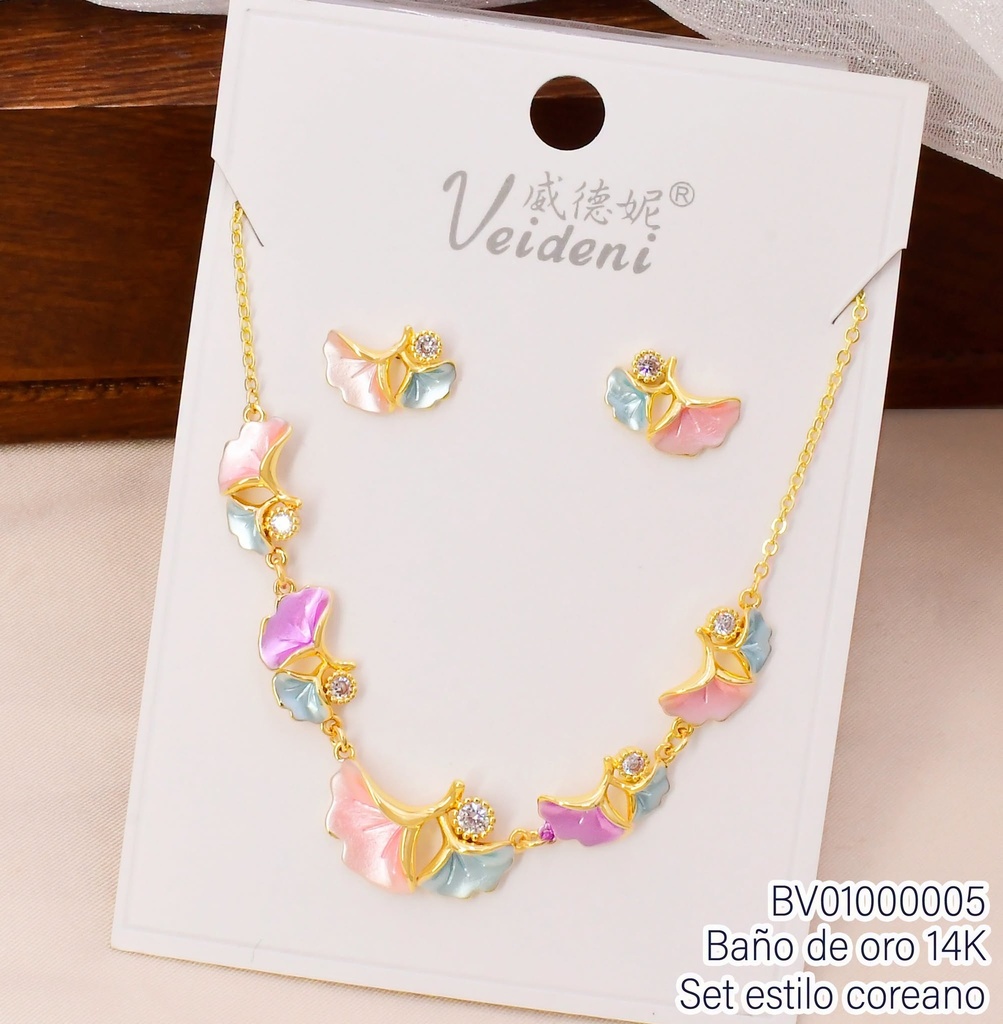 SET BAÑO DE ORO 14K. PETALOS-ZIRC. COL.SURT (VEI080926)