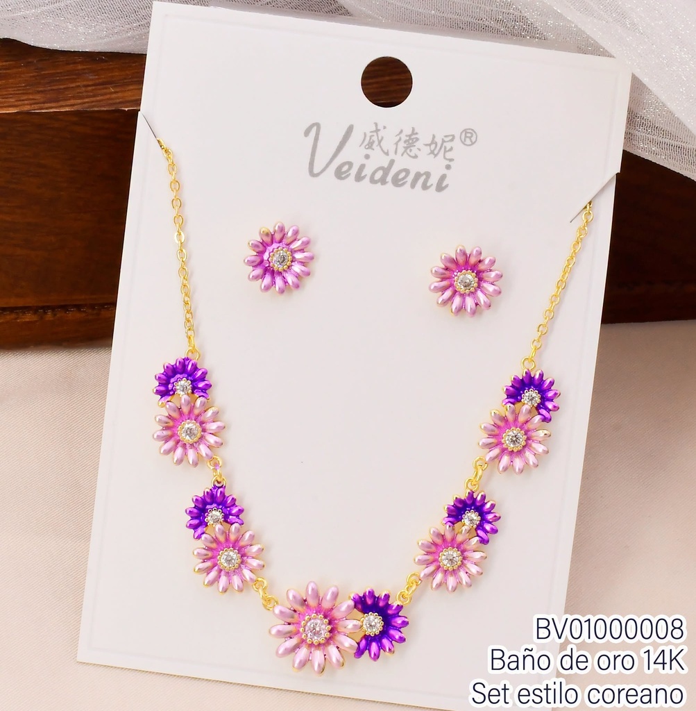 SET BAÑO DE ORO 14K. FLOR PETALOS FINOS-ZIRC.COL.SURT (VEI080926)