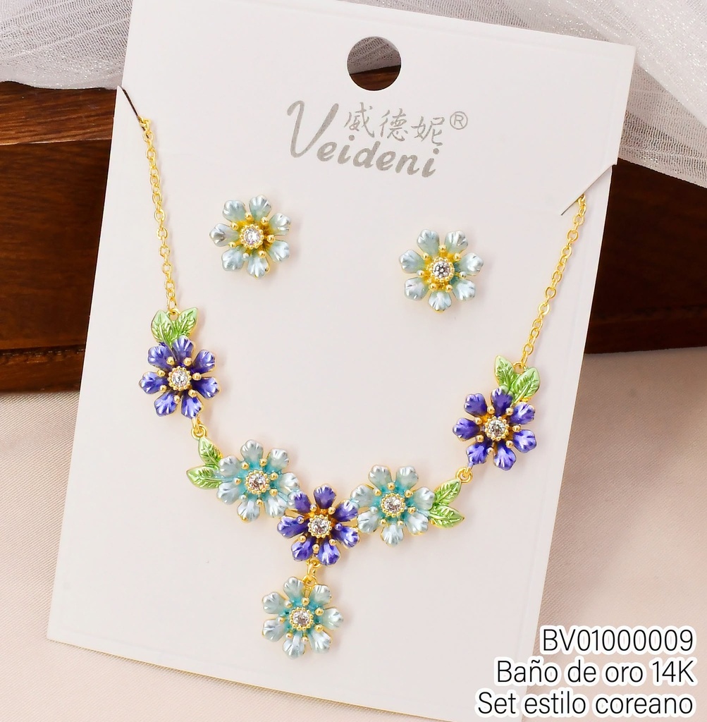 SET BAÑO DE ORO 14K. FLOR 7 PETALOS C/ZIRC..COL.SURT (VEI080926)