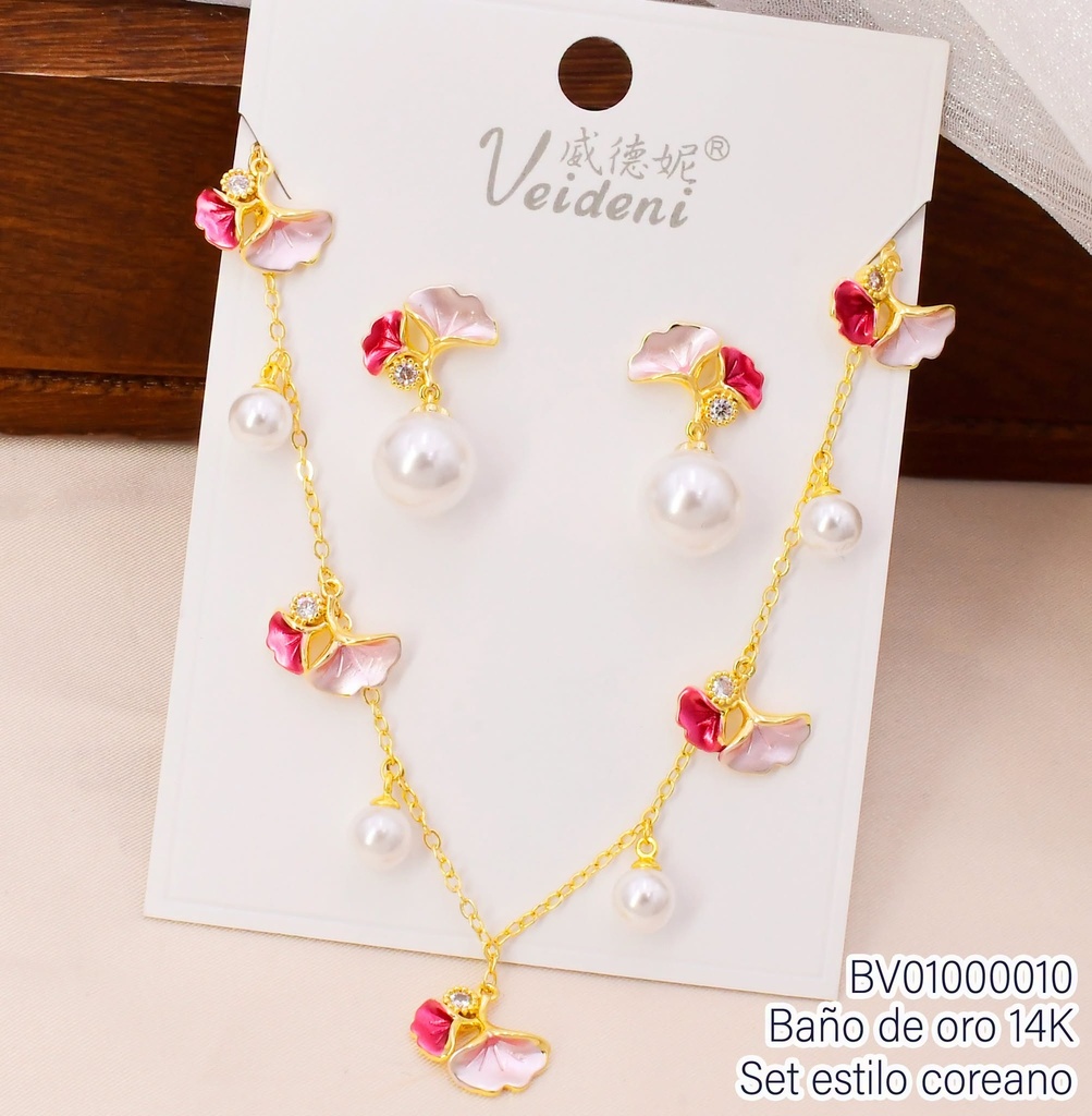 SET BAÑO DE ORO 14K. 2 FLOR C/PERLAS COL.SURT (VEI080926)