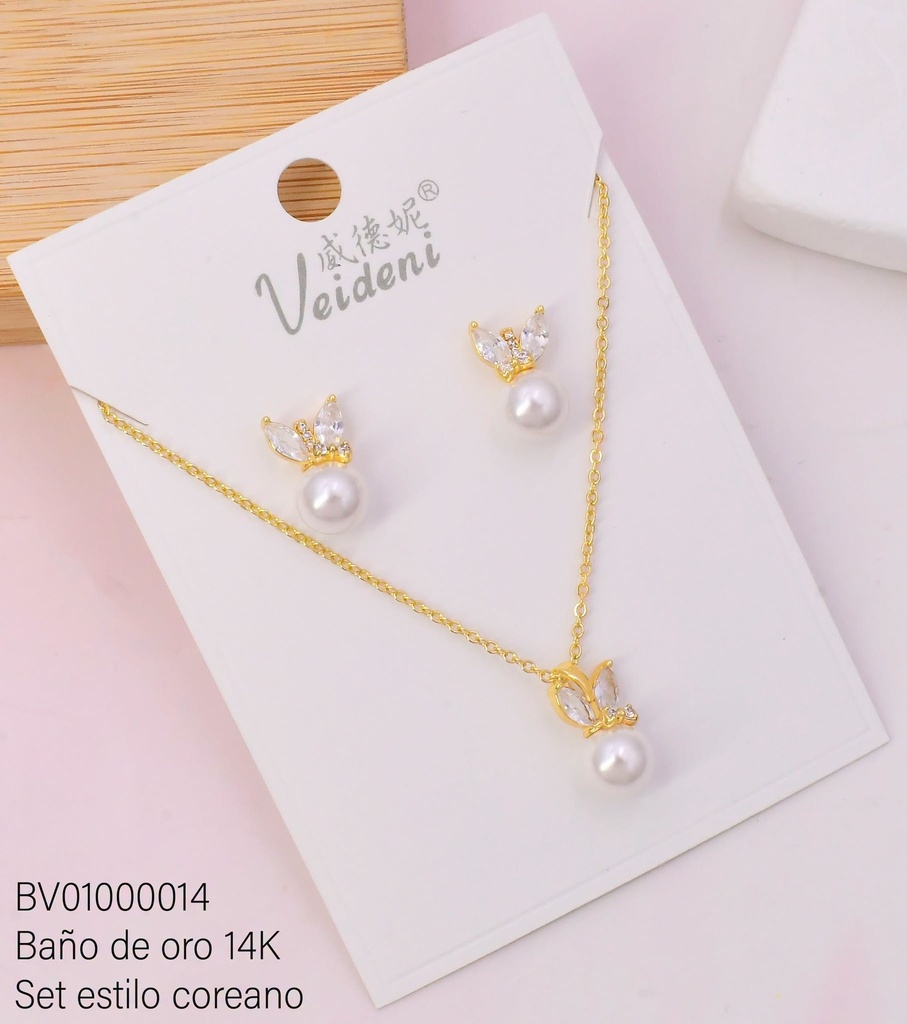 SET BAÑO DE ORO 14K.MARIPOSA ZIRC.C/PERLA WTZ-169 (VEI080926)