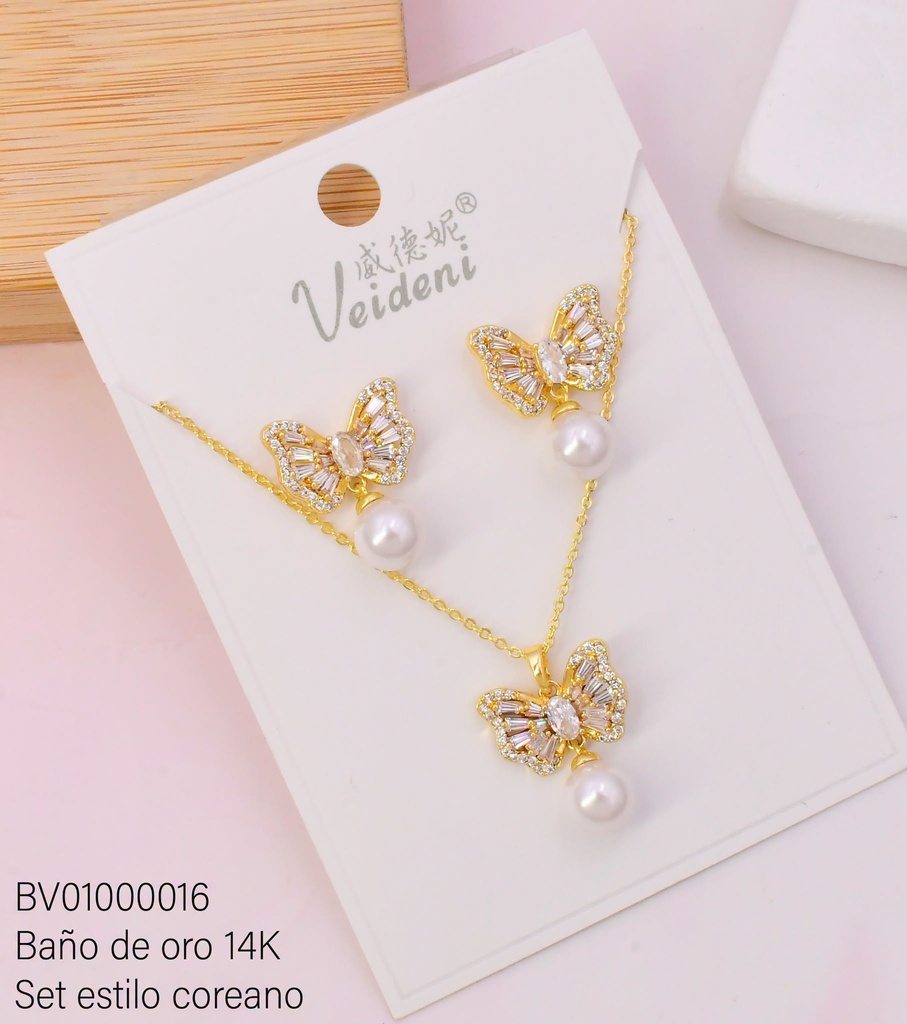 SET BAÑO DE ORO 14K.MARIPOSA ZIRC.C/PERLA COLGANTE WTZ-059 (VEI080926)