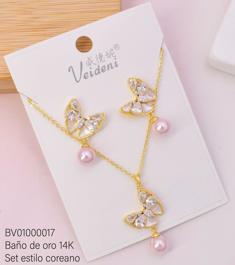 SET BAÑO DE ORO 14K.MARIPOSA ZIRC.C/PERLA ROSE GOLD WTZ-136 (VEI080926)