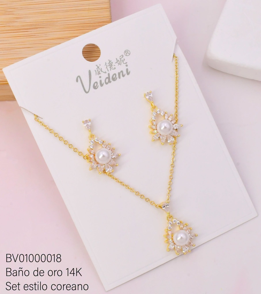 SET BAÑO DE ORO 14K. CROQUI GOTA ZIRC.C/PERLA WTZ-152 (VEI080926)