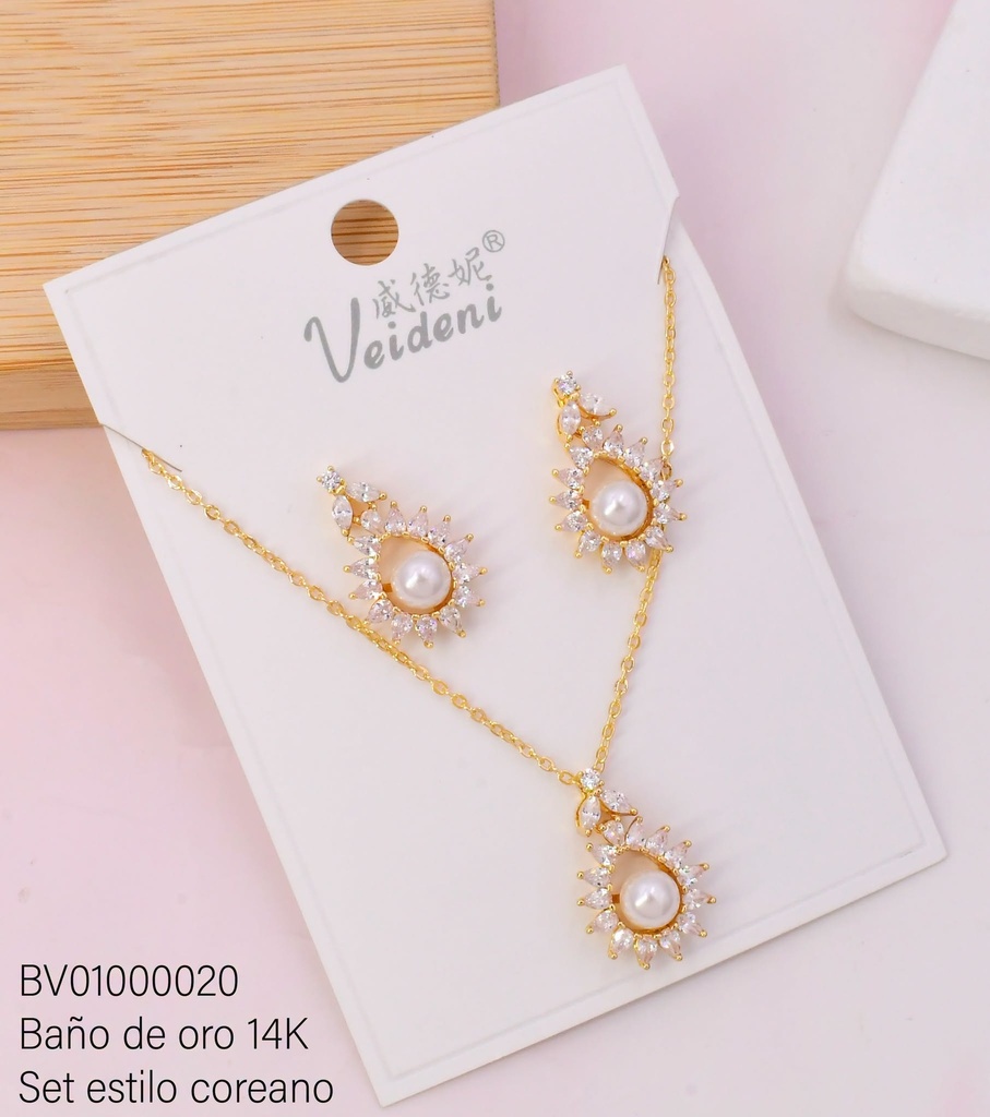 SET BAÑO DE ORO 14K. CROQUI GOTA ZIRC.C/PERLA WTZ-145 (VEI080926)