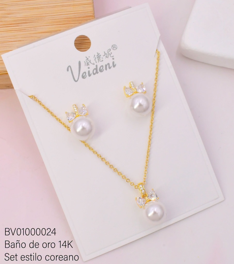 SET BAÑO DE ORO 14K. LAZO ZIRC.C/PERLA WTZ-114 (VEI080926)
