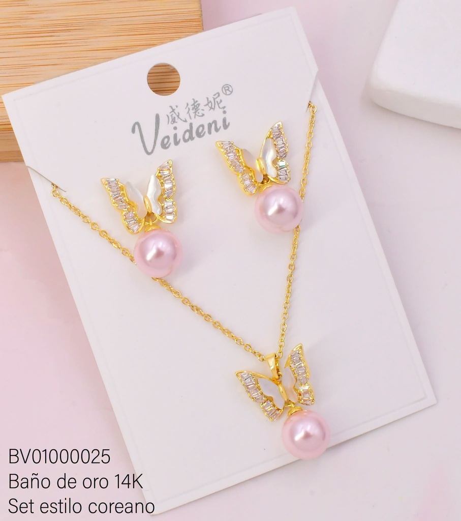 SET BAÑO DE ORO 14K. MARIPOSA ZIRC-NACAR C/PERLA ROSE G. WTZ-094 (VEI080926)